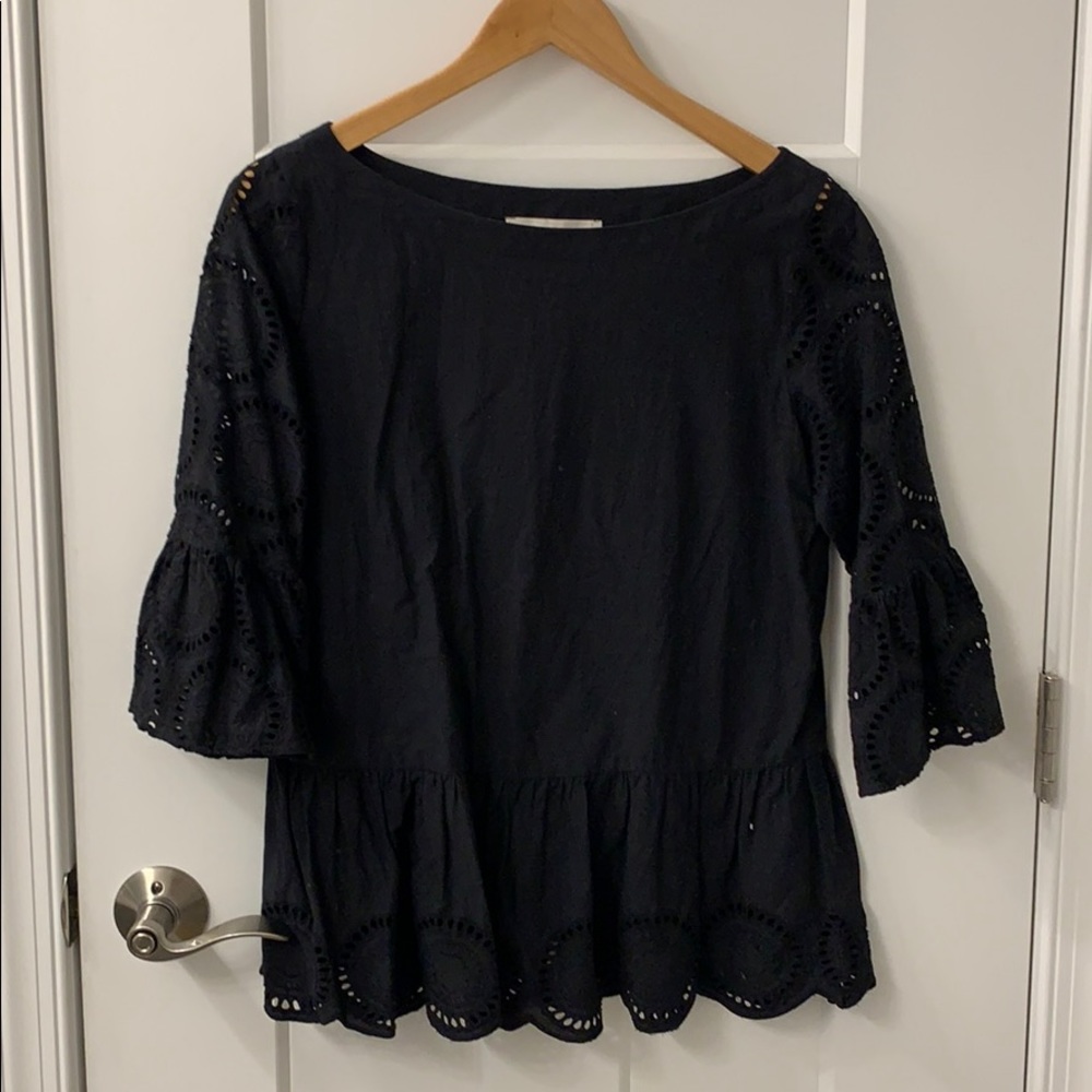 LOFT Black Cotton Peplum Top with Eyelet Sleeves